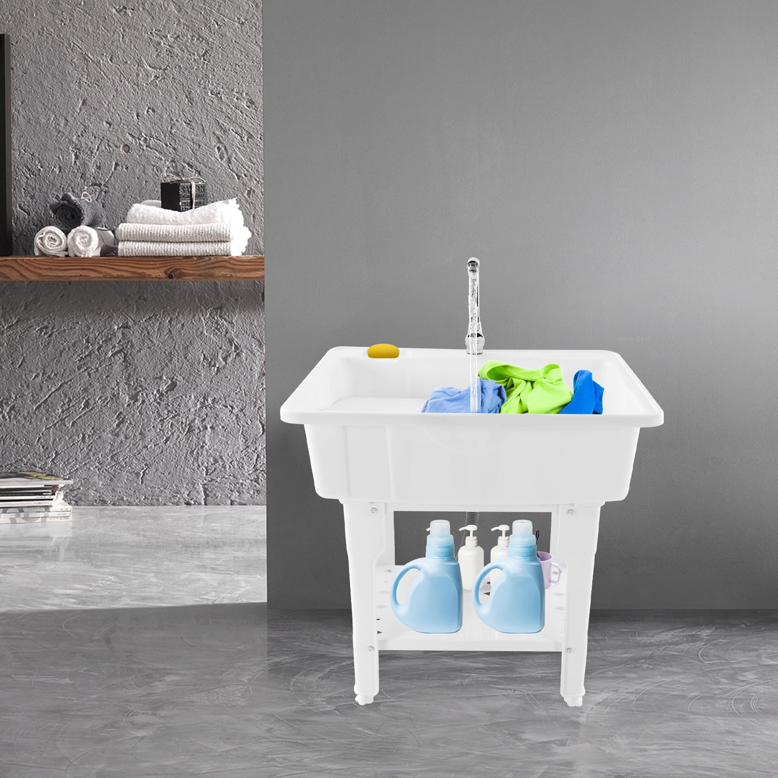 Utility Sink Laundry Tub, Plastic Construction, Hot and Cold Faucet, Ergonomic Design, Adjustable Feet