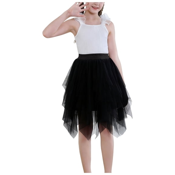 Zanarzt Vacation Dresses Girls Tutu Dress Summer Sleeveless Backless Princess Birthday Party Dresses Ruffle Tulle Sundress Black,5-6 Years