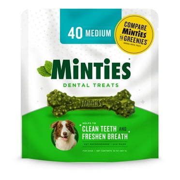 Minties Dental Chews for Dogs, 40 Count, Vet-Recommended Mint-Flavored Dental Treats for Medium Dogs 25-50 lbs, Dental Bones Clean Teeth, Fight Bad Breath, and Removes Plaque and Tartar KK25 KK25