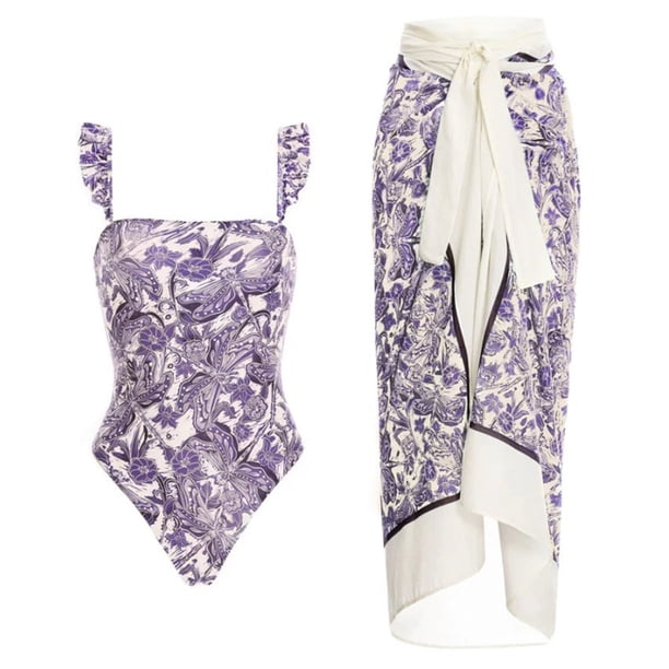 MKLEKYY Trajes De Baño Mujer Completo Women 1 Piece Swimwear+1 Piece Cover Up Two Piece Vintage Print Swimsuit Monokini Bikini 2 Piece Swimsuits Two Piece Tankini Set 2138