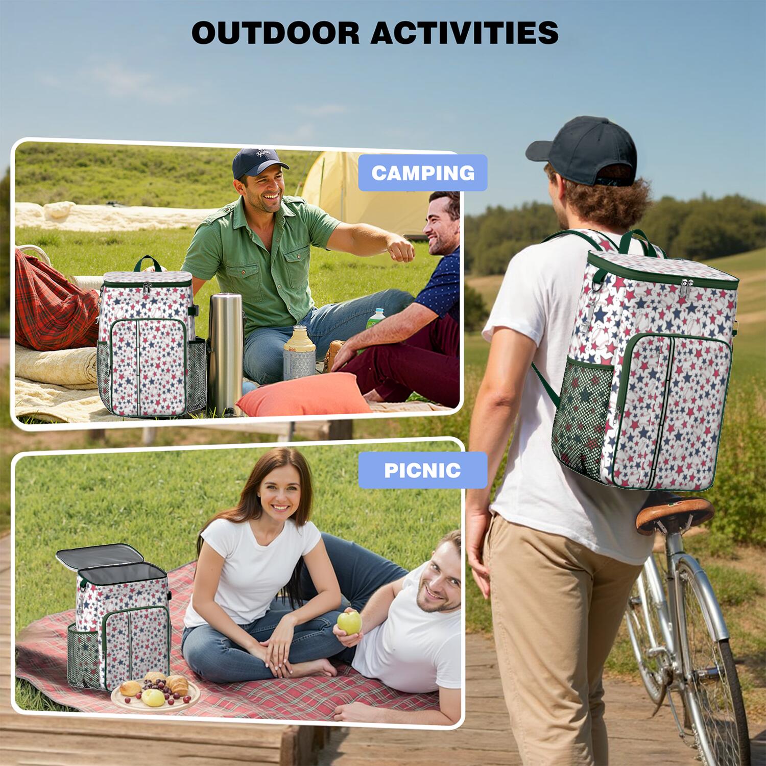 Travel Cooler Bag - Red White Blue Baseballs and Stars Pattern Camping Beer Cooler Backpack with Bottle Opener- Waterproof Insulated Picnic Backpacks - Cooler Bag for Beach