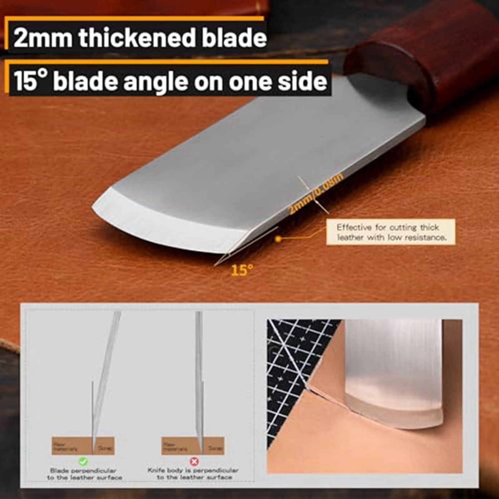 Leather Cutting Knife Leather Working Tools, Skiving Knife with Wooden Handle, Crafting Supplies Round