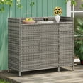 thumbnail image 4 of Luckynote 47.5"W Wicker Outdoor Storage Cabinet with Tempered Glass Desktop, Weather-proof Rattan Bar Table with Three Doors, Adjustable Shelf, and One Drawer, for Outdoor Cushions, Grey, 4 of 23