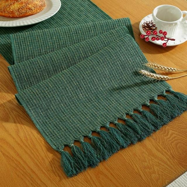 Nvzi Camino de mesa con borlas, verde oscuro, 33x122cm - Camino de mesa de poliéster, camino de mesa fino, camino de mesa rústico, camino de mesa decorativo para el hogar