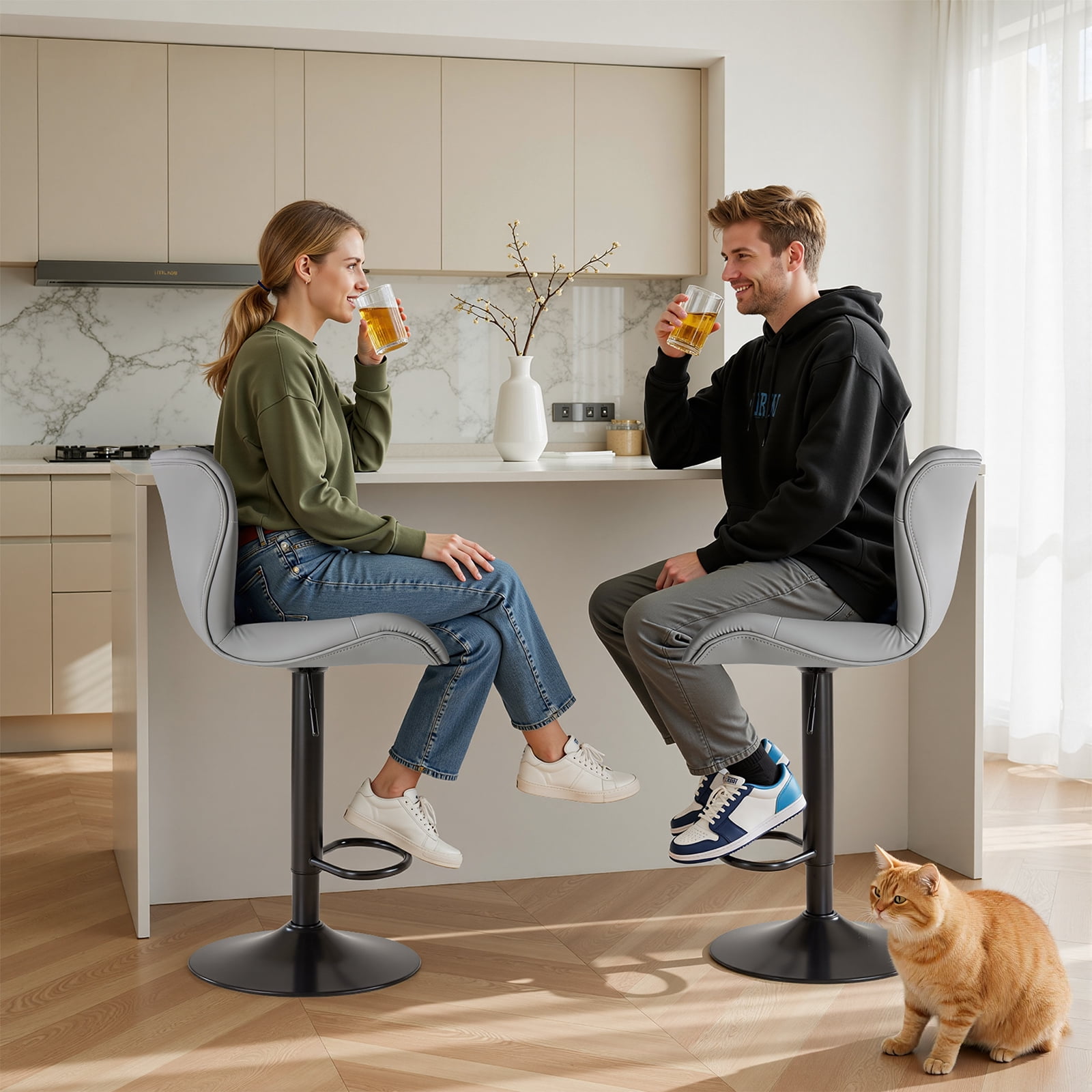 EDX Bar Stools Set of 2, Modern Adjustable Armless Swivel Counter Stools with PU Leather, Gray