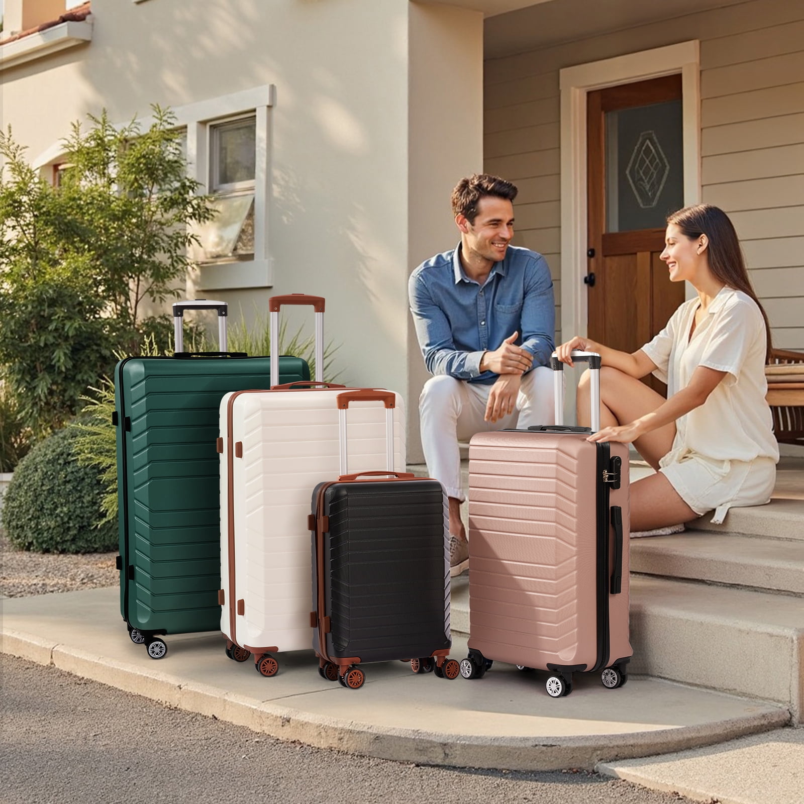 Gowill 4 Piece Luggage Sets with 7 Pieces Organizer Bags, 20/24/28/32 inch ABS Carry-on and Checked Suitcase Large Travel Sets, White Tan