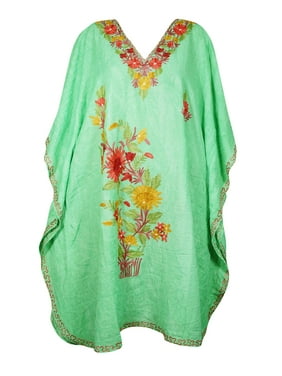 Mogul Women Mint Green Floral Embroidery Caftan Dress V-Neck Kimono Resort Wear Mid Length Cover Up Kaftan Dresses 2XL