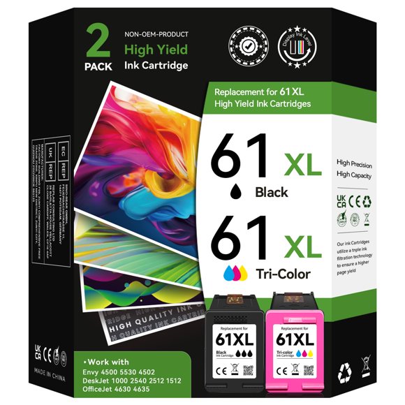 Printer Ink 61XL for HP 61 Ink Cartridge Combo Pack Replacement for HP Ink 61 Fit for HP Envy 5530 Ink Cartridge, for HP Envy 4500 4502 Officejet 4630