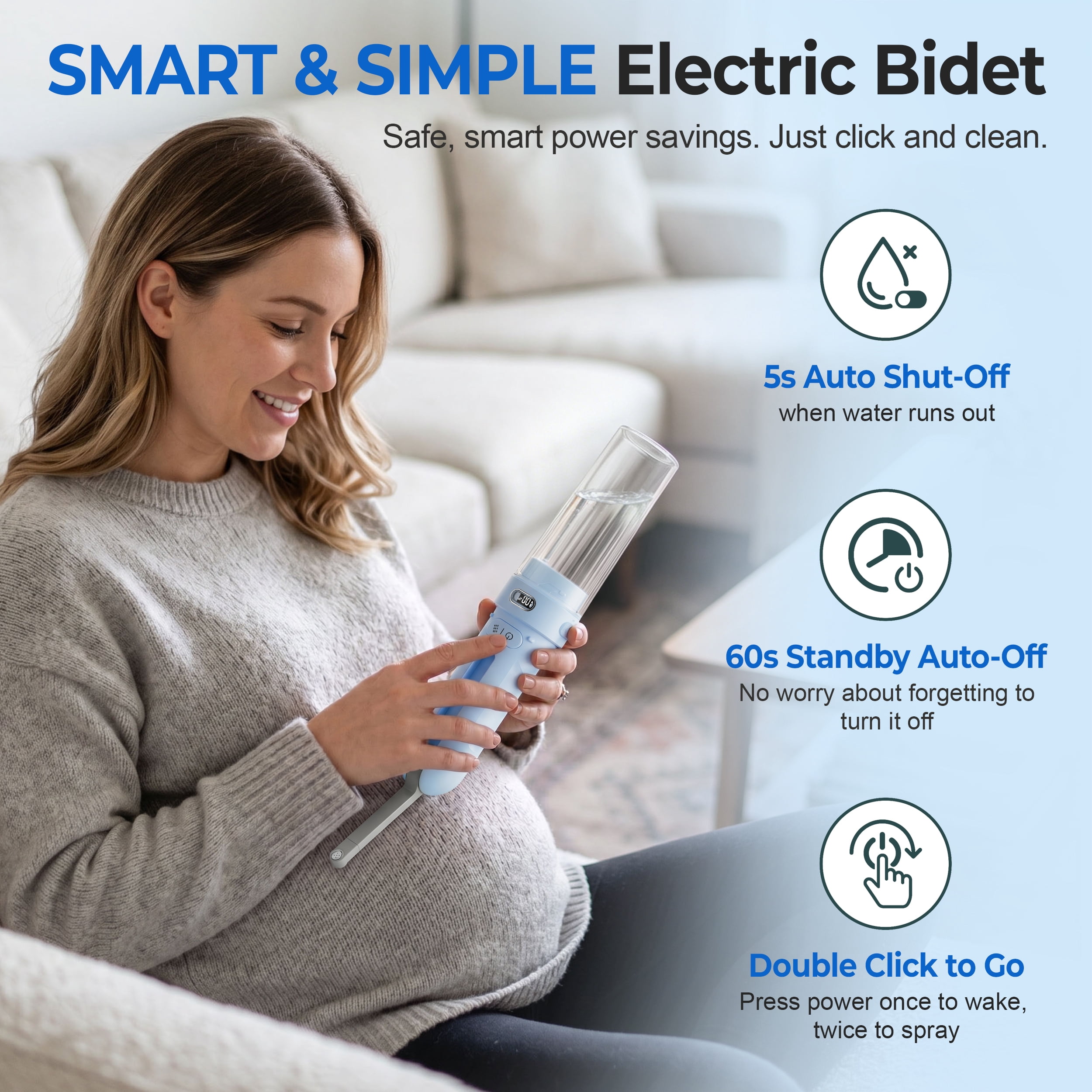 WeWi HLTH Electric Travel Bidet for Bathroom - Rechargeable Portable Bidet Sprayer with 3 Pressure for Ultimate Personal Hygiene Cleaning at Home and Camping, Blue