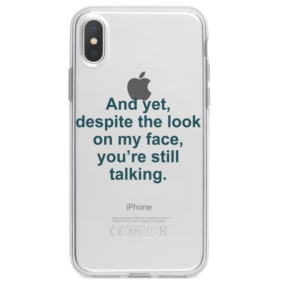 DistinctInk Clear Shockproof Hybrid Case for iPhone XR (6.1" Screen) - TPU Bumper Acrylic Back Tempered Glass Screen Protector - Despite the Look On My Face, Still Talking