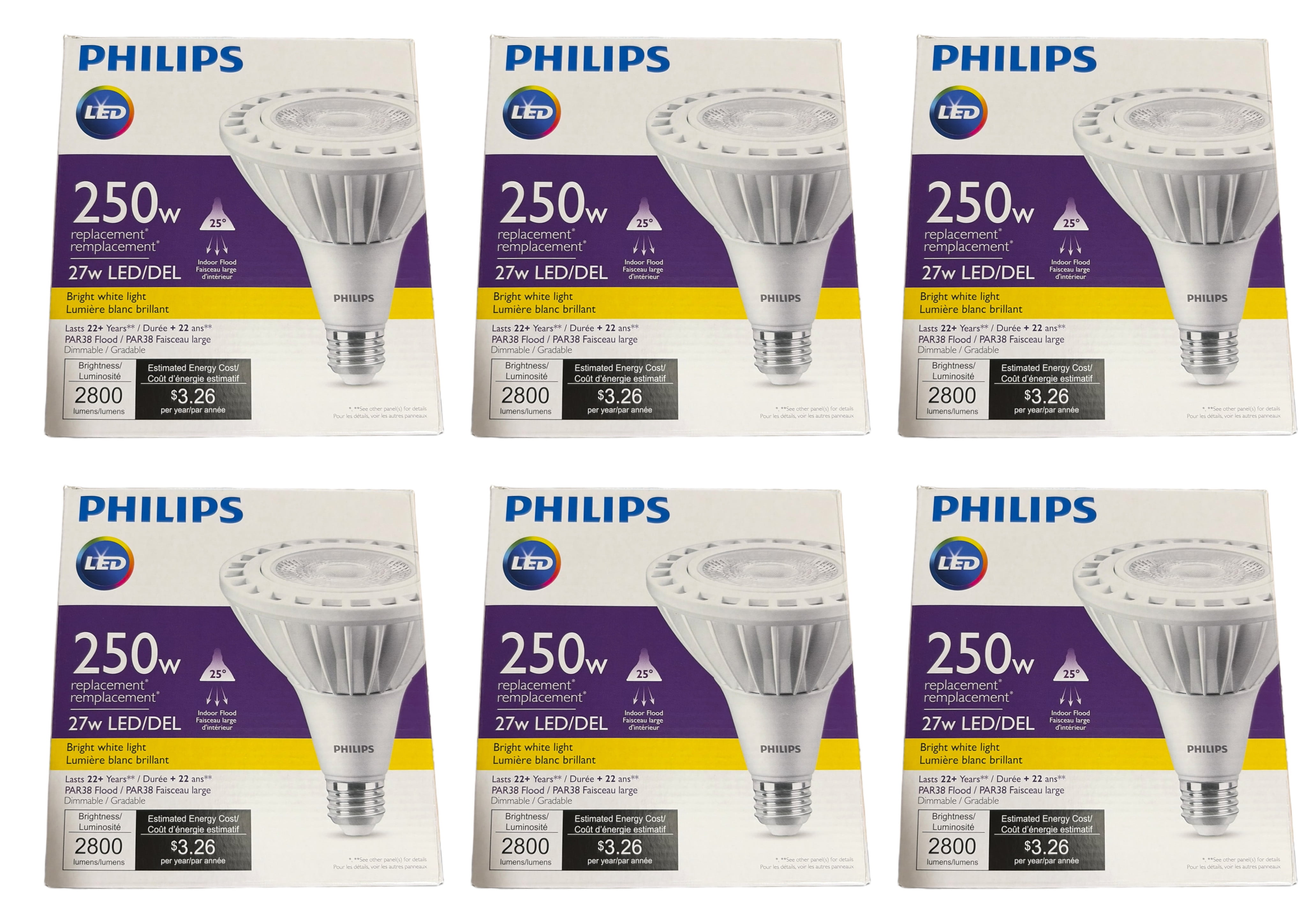 Philips 569731 TrueForce High Lumen LED PAR38  Indoor Flood Light, 27 watt, 2800 lumens, 3000K, bright white, Dimmable, Medium base, 120-277V (case of 6)