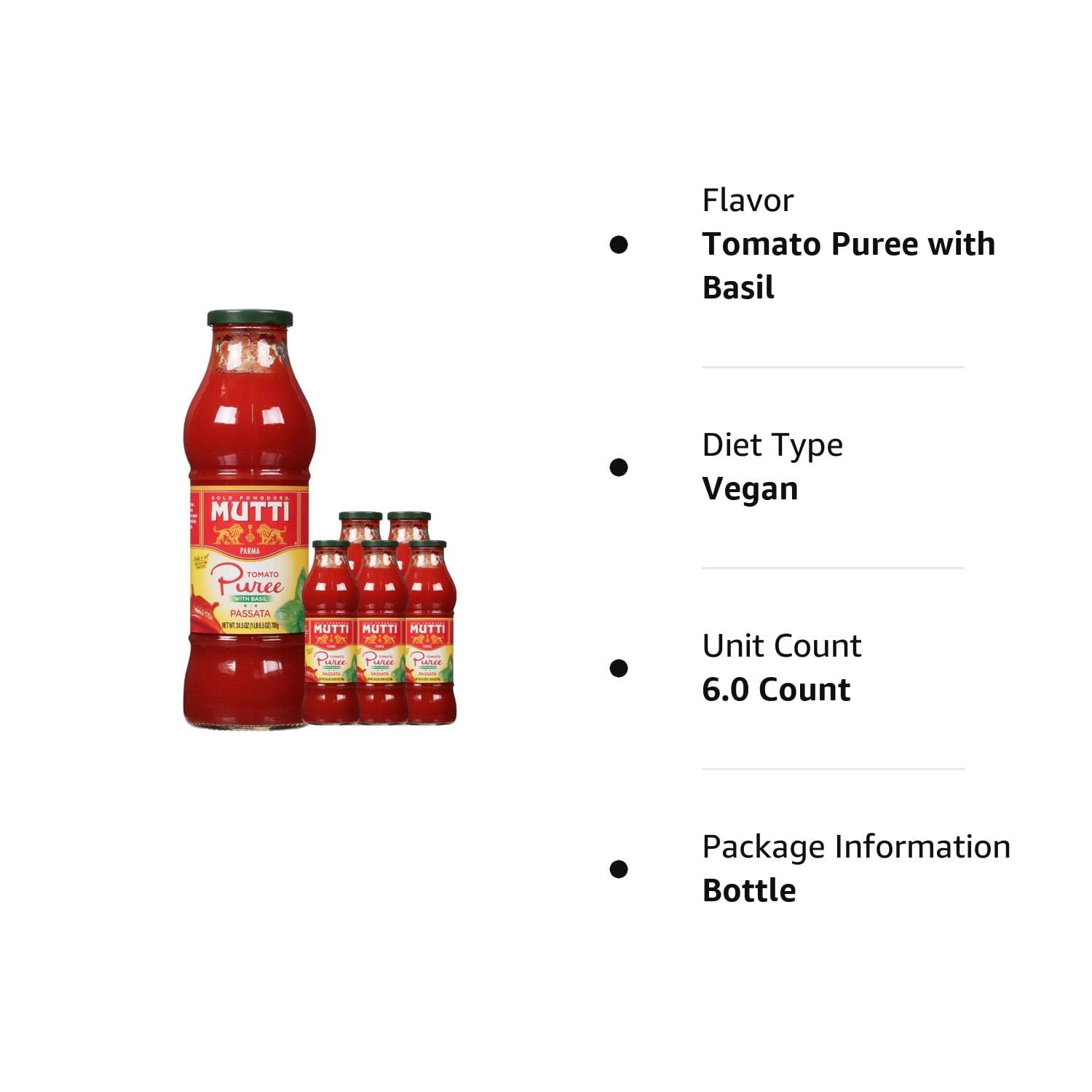 Mutti Tomato Puree with Fresh Basil (Passata Con Basilico) 24.5 oz (Pack of 6)