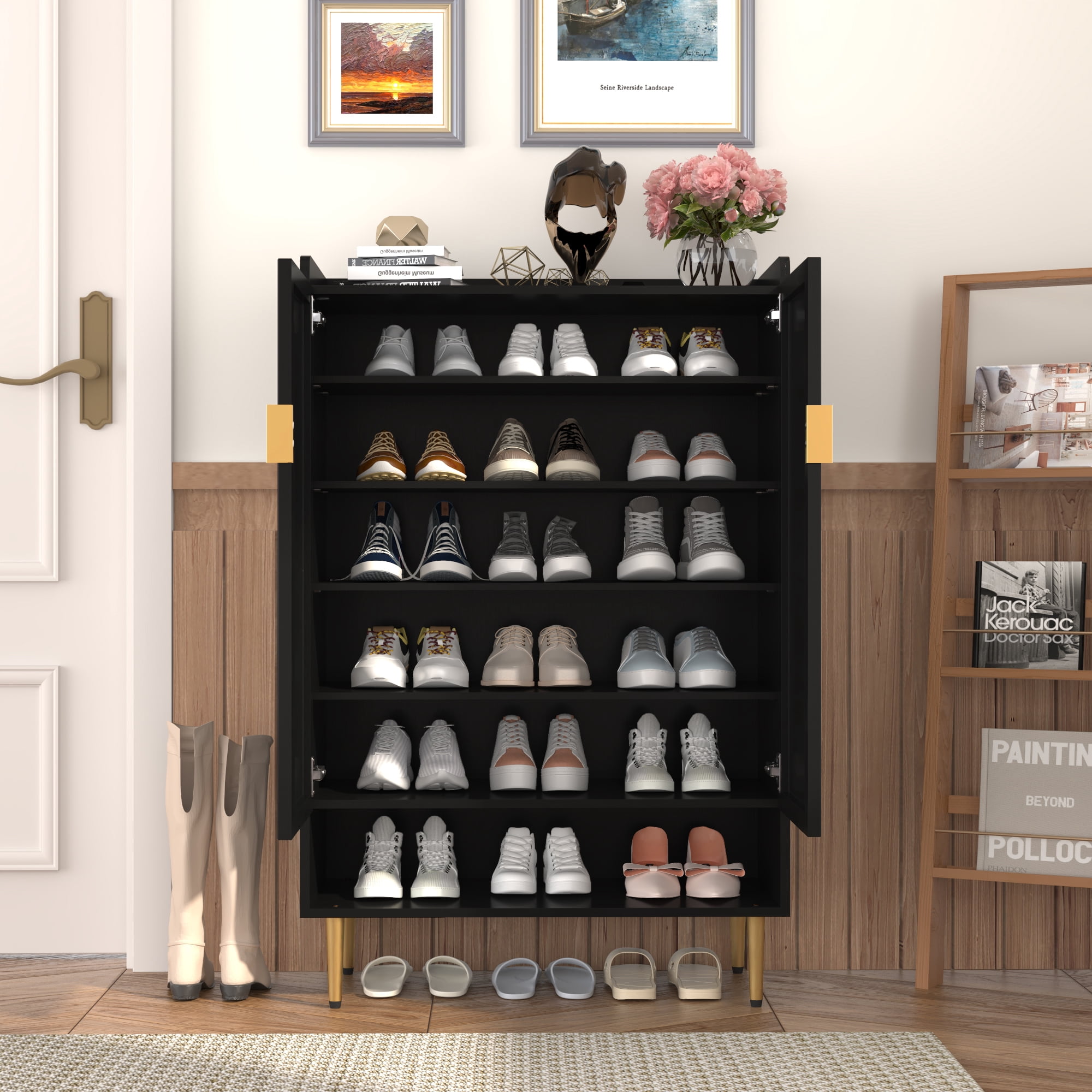 CBJCBJ 7-Tier Shoe Cabinet Storage with 2 Door and Adjustable Shelves Wood Shoes Rack for Entryway, Black