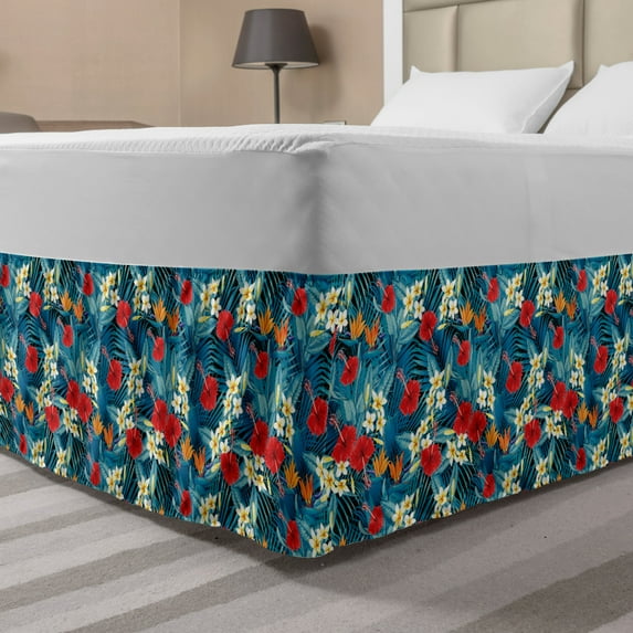 Summer Bed Skirt, Jungle Flowers Flourishing Hibiscus Blooms Palm Areca Leaves Caribbean Forest Motif, Elastic Bedskirt Dust Ruffle Wrap Around for Bedding Decor, 4 Sizes, Multicolor, by Ambesonne