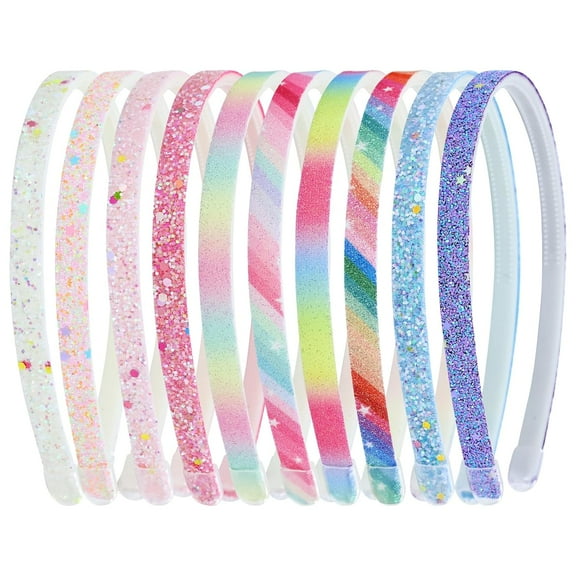 10 Pieces Colorful Glitter Sequin Elastic Plastic Headbands with Mini Teeth Thin Rainbow Hair Bands Accessories for Toddlers Kids Teens Girls Women