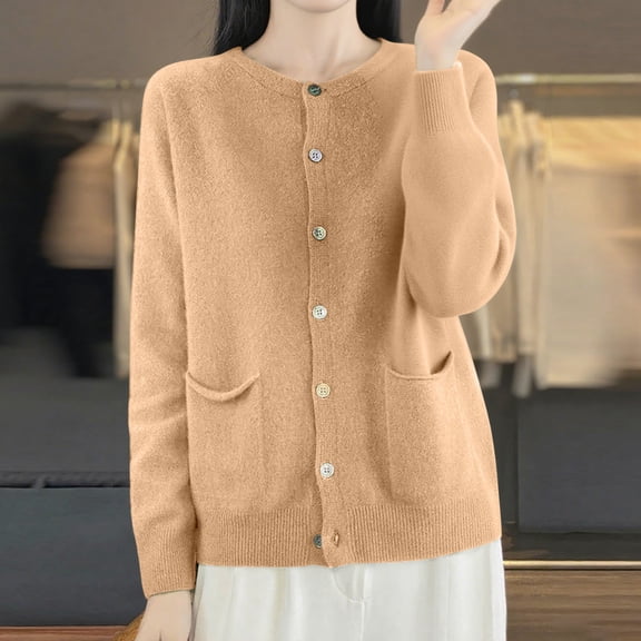 ZHOGXU Women's Cardigan With Pocket Long Sleeve Open Front Buttons Solid Color Knit Comfortable Slim Fit Coat Jacket For Casual Daily Wear Rose Gold L