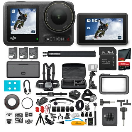 DJI Osmo Action 4 Camera Adventure Combo - Action Camera Waterproof with 4K UHD Video, 1/1.3" Sensor, Dual Screens, Stabilization, For Vlogging, Sports & Travel + 64GB Card & 50 Piece Accessory Kit