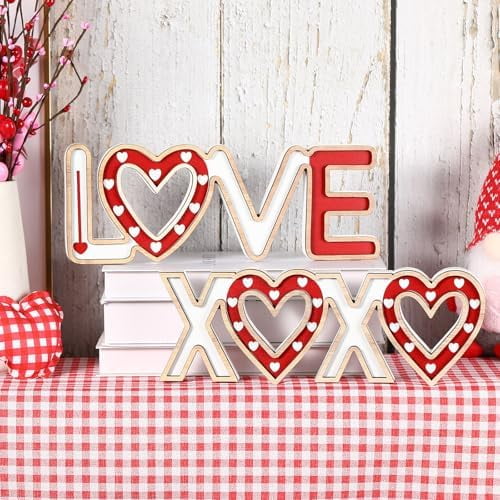 Valentines Day Decorations - 2PCS Wooden LOVE and XOXO Tabletop Sign-Classic White Red Valentines Decorations for Home Shelf Mantel Fireplace Wedding Anniversary Party Supplies