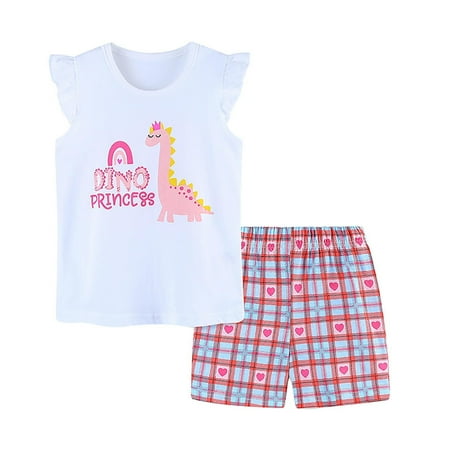

Kids Girls Summer Dinosaur Cartoon Print Fly Sleeve T Shirt Tops and Plaid Shorts 2PCS Outfits Clothes Set Children s Clothing Set 6 Boy Girl Matching Outfits I Woke up This Cute Nee Born Outfit Shy