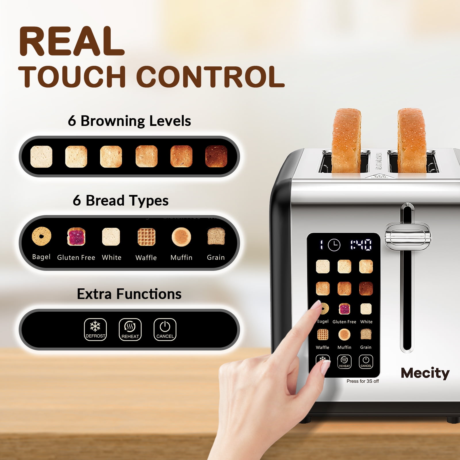 Mecity Touchscreen 2-Slice Toaster, Stainless Steel, Wide Slots, 6 Shade Settings, Reheat & Defrost, Black