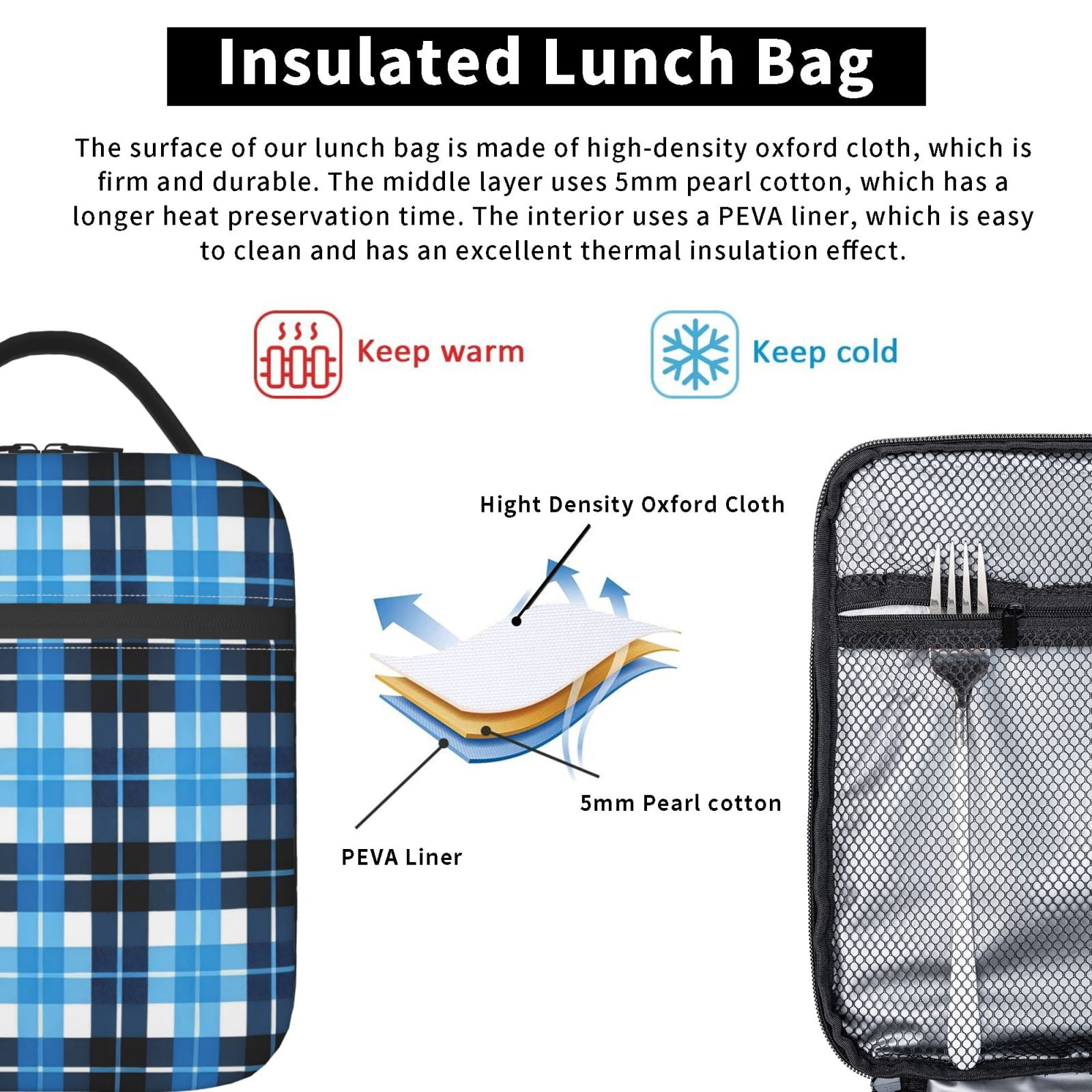 Lunch Bag For Women Men Insulated Portable Lunch Box Bento Box Office Picnic Travel Cooler Bag Blue And Black Checkered Pattern