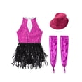 thumbnail image 4 of Haitryli Big Girls Sparkly Tuxedo Bodysuit Outfits Fringe Latin Dance Leotard with Gloves Hat Ballroom Dancing Costume Hot Pink 16, 4 of 5