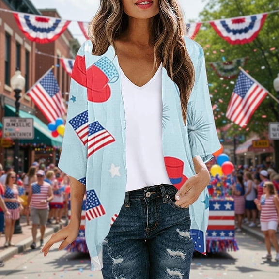 Idoravan Women's American Flag Oversized 250 Years Patriotic Print Kimono Cardigan Loose Cover Up Casual Tops Women's Independence Day Sunscreen Fashion Casual Printed Chiffon 3/4 Sleeve Cardigan Top