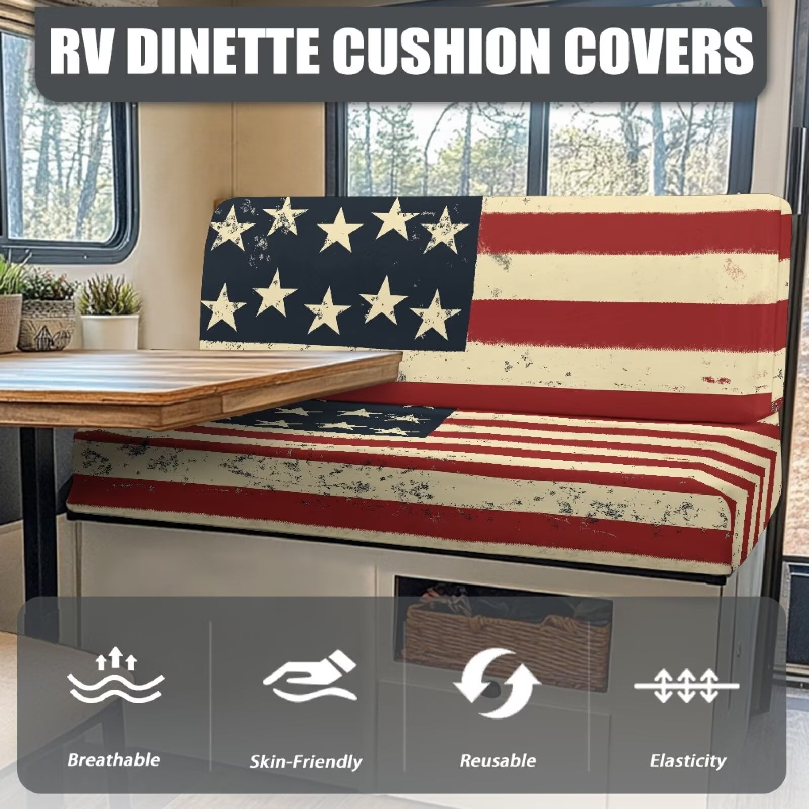 XYZCANDO American Flag Print RV Dinette Cushions Camper Accessories Stretchable Furniture Covers for Sofa and Loveseat Universal Cushion Covers for Couches and Sofas Easy to Install Red
