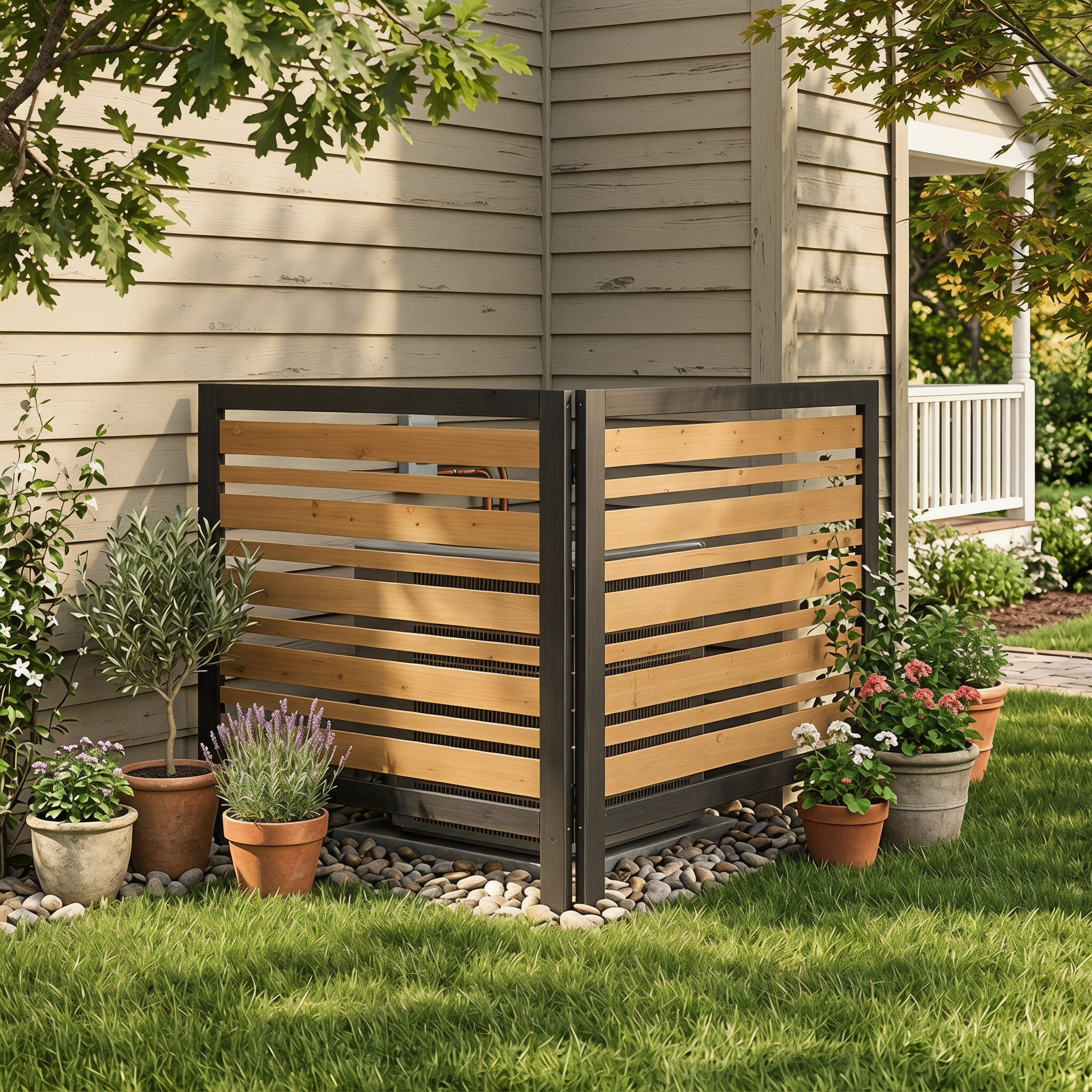 Outdoor Wood Privacy Fence 2-Panel 38W x 42H, Solid Wood Air Conditioner Screen with Slat Spacing for AC Unit Trash Can Pool Pump Enclosure, Black and Gold