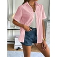 thumbnail image 2 of Women'S Cotton Button Shirt Rolled Hem Short Sleeve Shirt Women'S Summer Casual V Neck Beach Cotton Top Pink M, 2 of 6