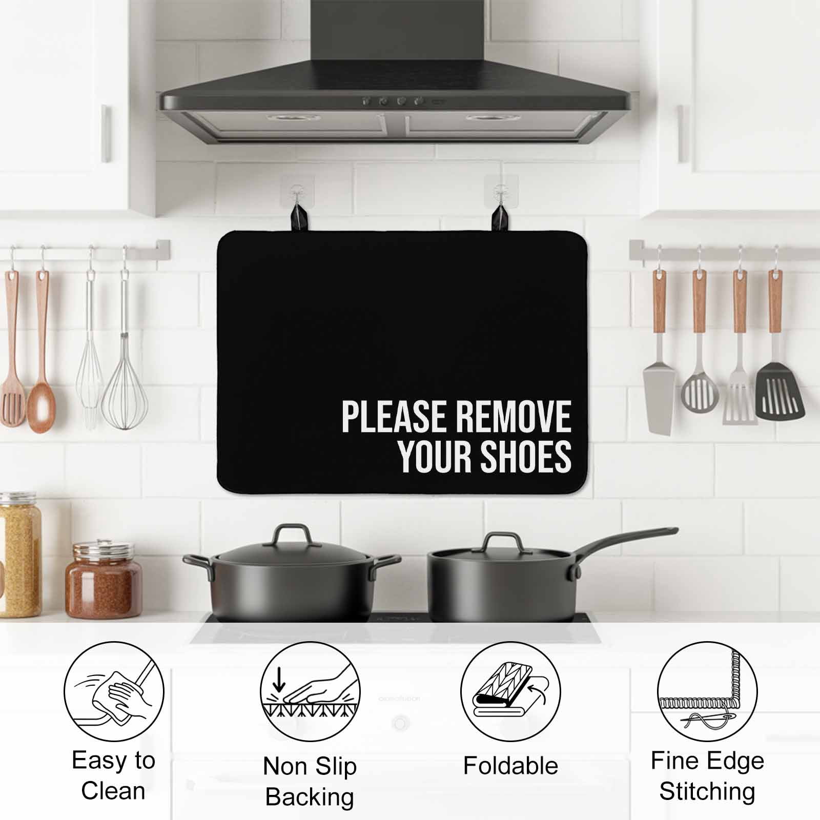 Black Stove Top Cover for Electric Stove, Heat-proof & Non Slip Glass Top Stove Cover Protector, Funny Letters Please Remove Your Shoes Kitchen Flat Cooktop Rubber Mat 24x21 Inches