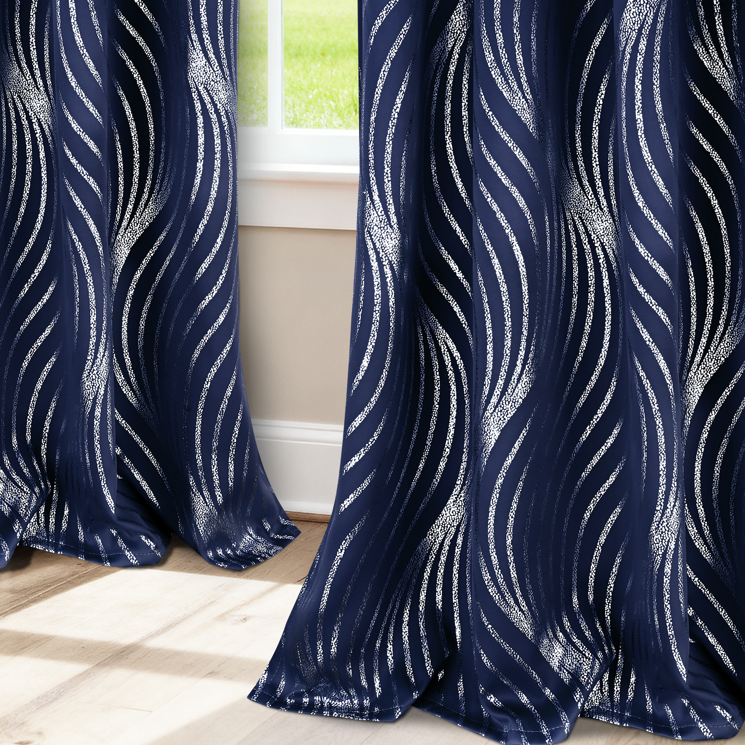 Alishomtll Navy Blue Blackout Curtains for Living Room ,Modern Metallic Silver Wave Pattern Bedroom Thermal Insulated Drapes ,2 Panel Set,52"x63"