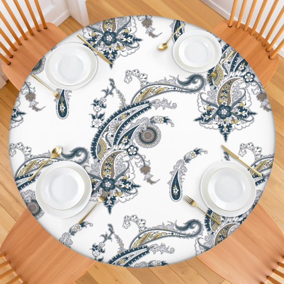 Elastic Edge Waterproof Tablecloth Round 45–52 Inch, Oxford Fabric, Paisley Print, Durable and Easy to Clean