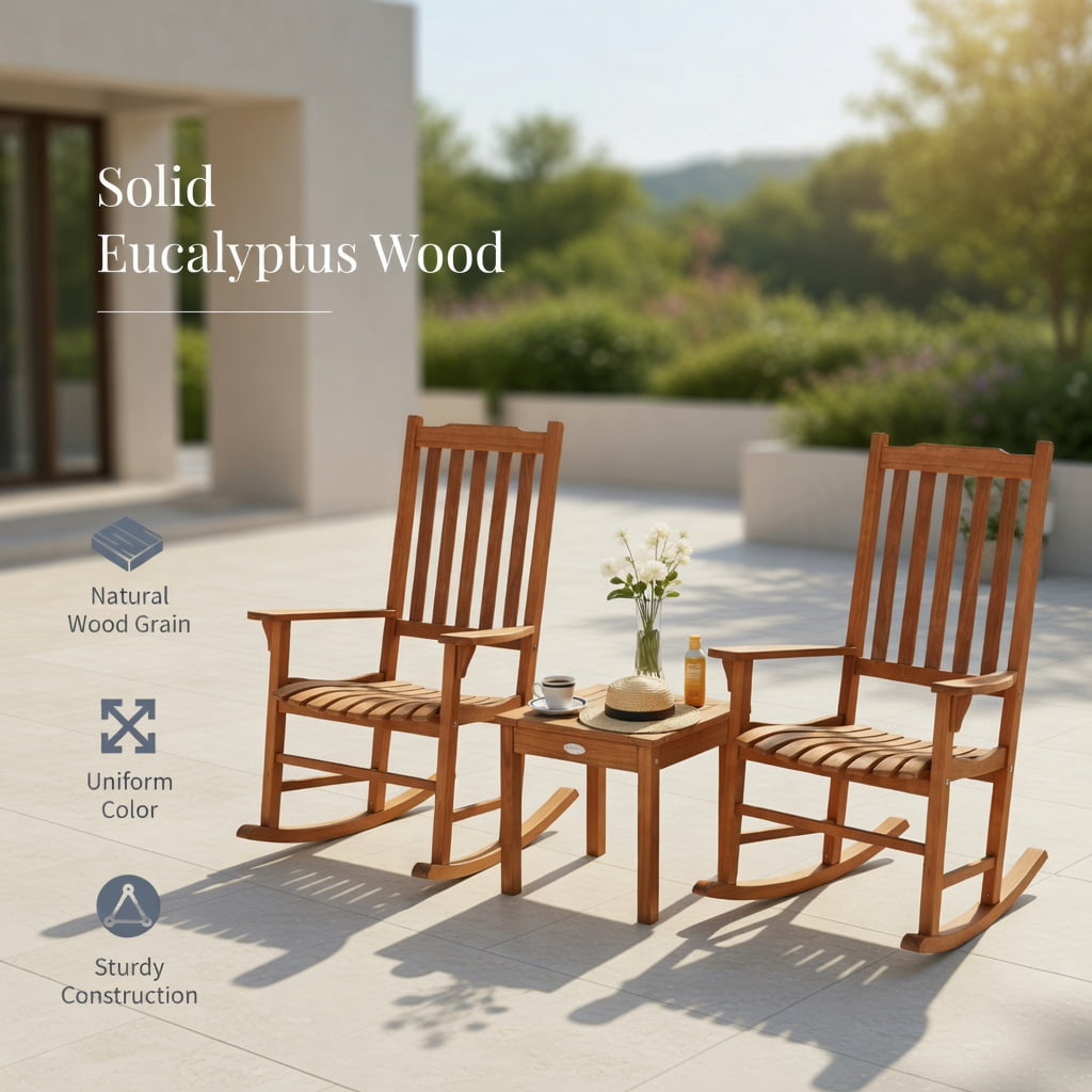 Hommoo 3-Piece Eucalyptus Outdoor Rocking Chair Set with Square Coffee Table, Patio, Deck & Garden Furniture Set for 2, Natural
