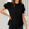 thumbnail image 5 of JGGSPWM Women's Summer Lace Trim Crewneck V Neck Short Puff Sleeve Cotton Dressy Casual Blouse Top Black XL, 5 of 6