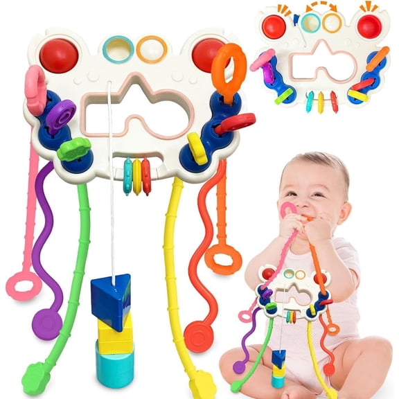 BUTOMKY Montessori Sensory Pull String Toy - Food Grade Silicone Baby Teething Toy, Developmental Fine Motor Skills Activity, Travel Toy for Car Seat/Airplane (6-18 Months Toddlers Boys & Girls)
