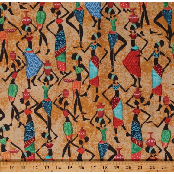 Cotton African Woman Women Ladies Baskets Africa Costumes Cultural Gold Cotton Fabric Print by the Yard (CX9988-MULT-D)