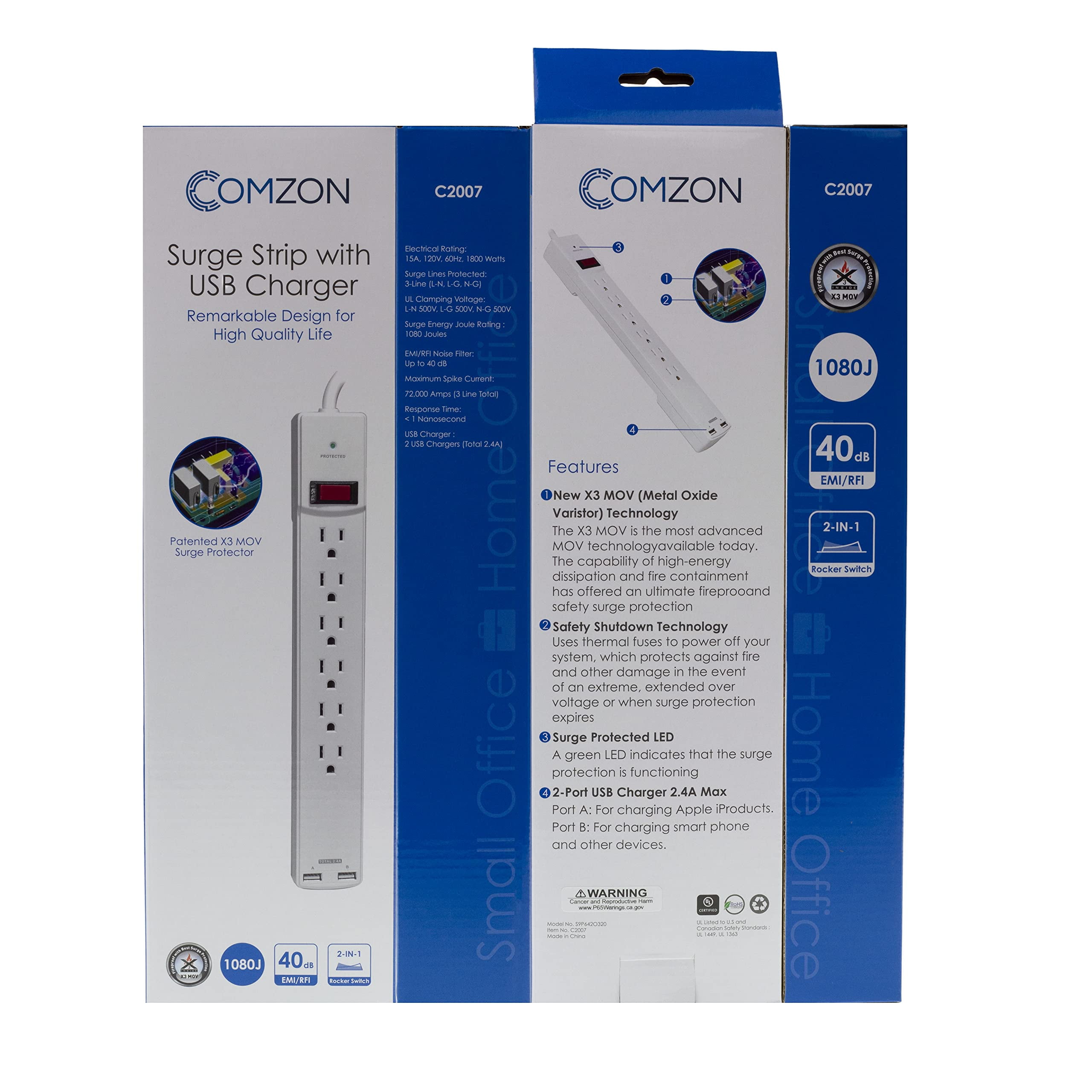 Comzon Surge Protector: 6 Outlet, 2 USB, 1080J, 6ft Cord
