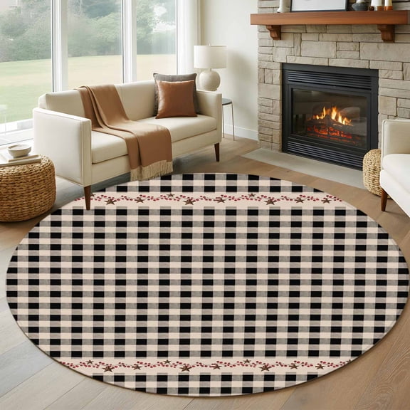 Round Area Rug 8 Ft, Country Star Plaid Washable Non-Slip Circle Carpet for Living Room/Bedroom, Black Retro American Farm Barn Berry Collection Low-Profile Large Area Rugs for Indoor