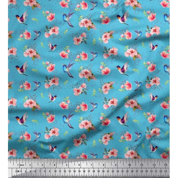 Soimoi Cotton Duck Fabric Leaves,Floral & Hummingbird Bird Print Sewing Fabric Yard 42 Inch Wide