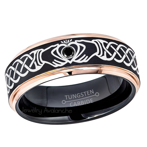 Claddagh Tungsten Ring - 2-Tone Rose Gold And Black Tungsten Carbide Wedding Band - 0.07ct Black Diamond Tungsten Ring - Personalized Tungsten Wedding Ring - Custom Made Birthstone Ring TN779CLDs7