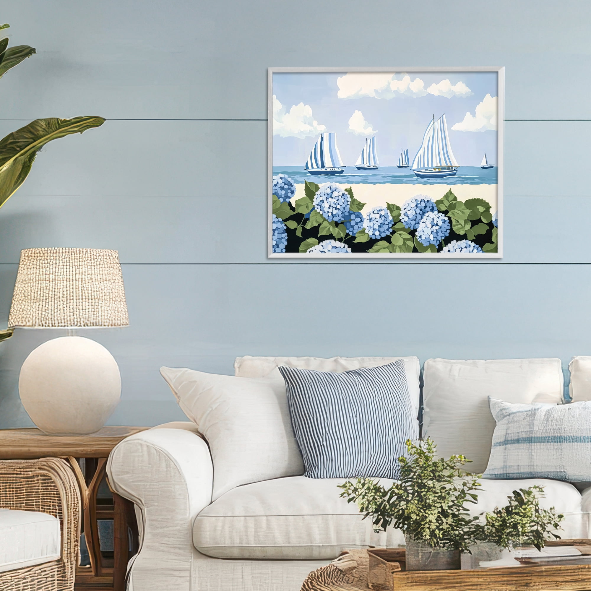 Stupell Industries Striped Sails & Seaside Hydrangeas White Framed Giclee Art, design by Sisi and Seb