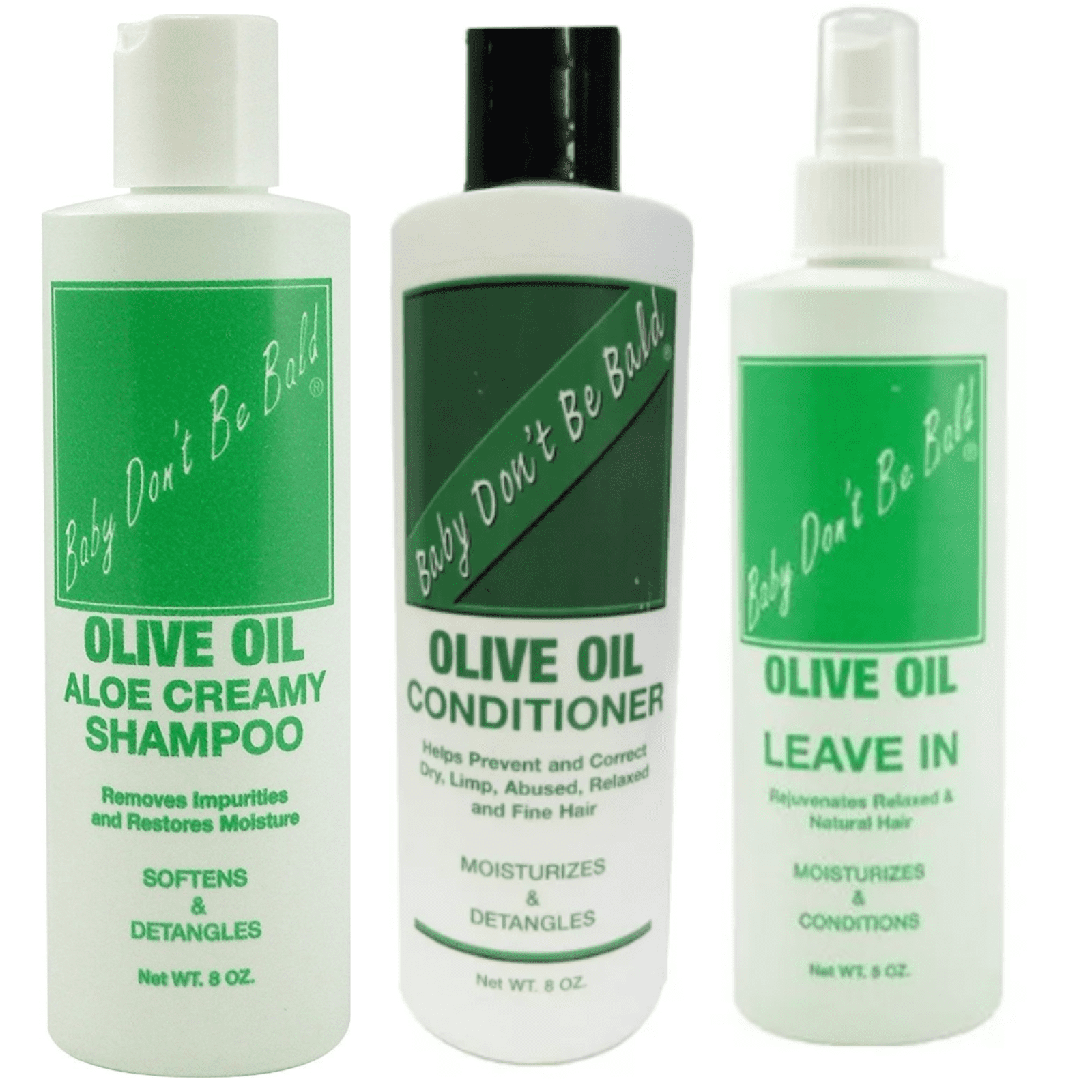 BABY DON'T BE BALD Olive Oil Shampoo Conditioner, Leave In Spray 8oz Each Set