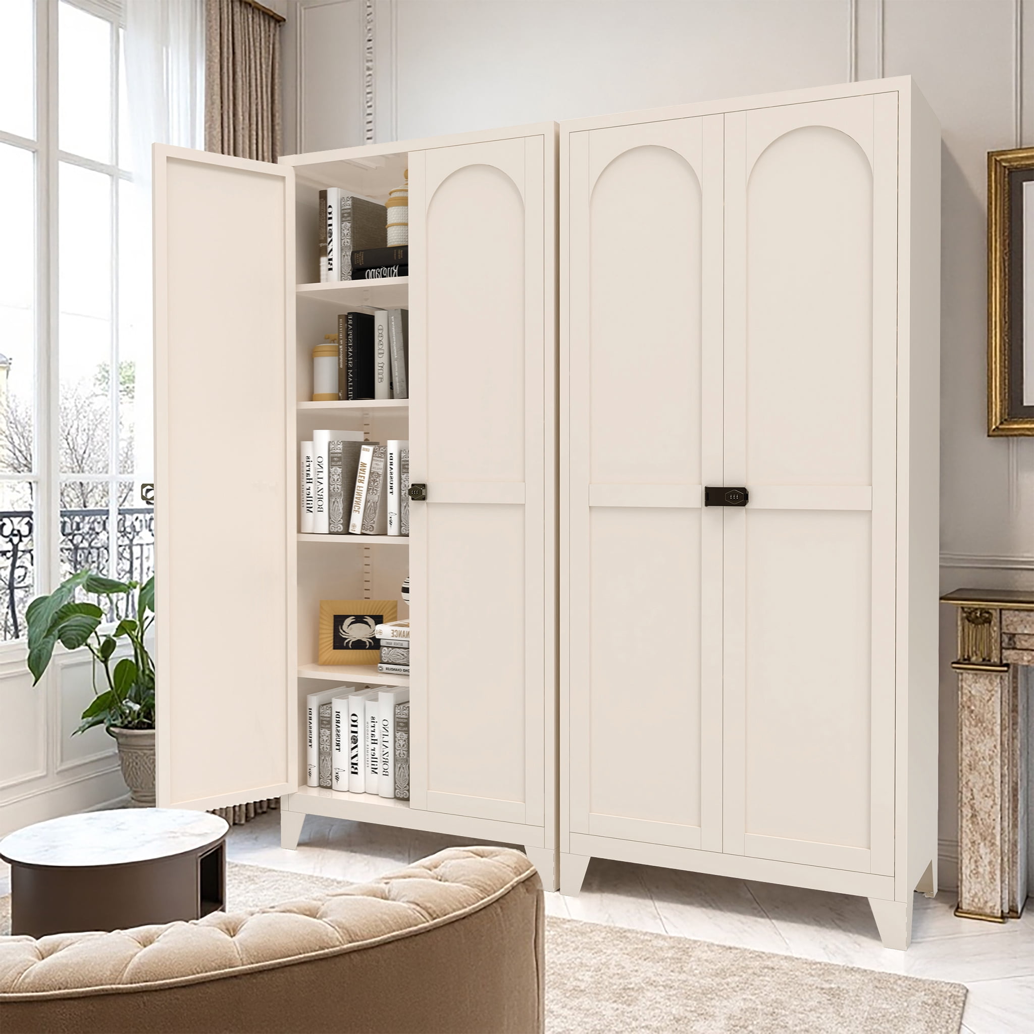Mintazer 71" Tall Metal Storage Cabinet with Lockable 2 Door & Adjustable Shelves, Arched Freestanding Pantry Organizer for Kitchen Bedroom Office, Beige