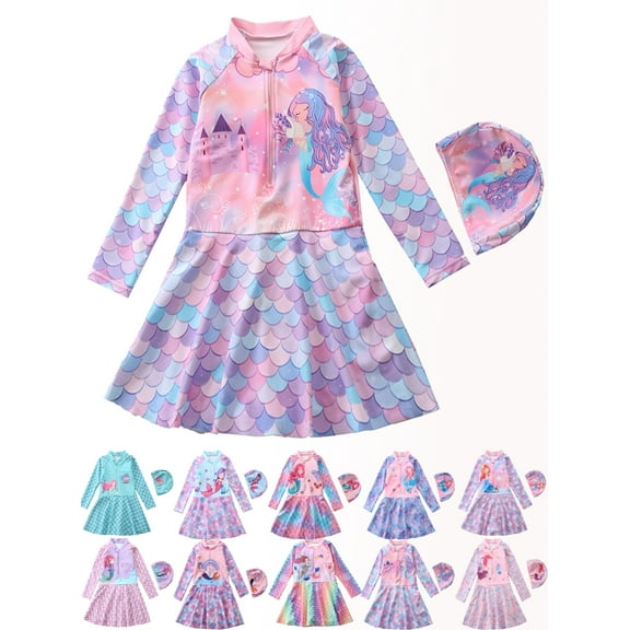 Kids Girl Long Sleeve Swimsuit UPF 50  Sun Protection with Zipper Rash Guard One-Piece Bathing Suit with Hat