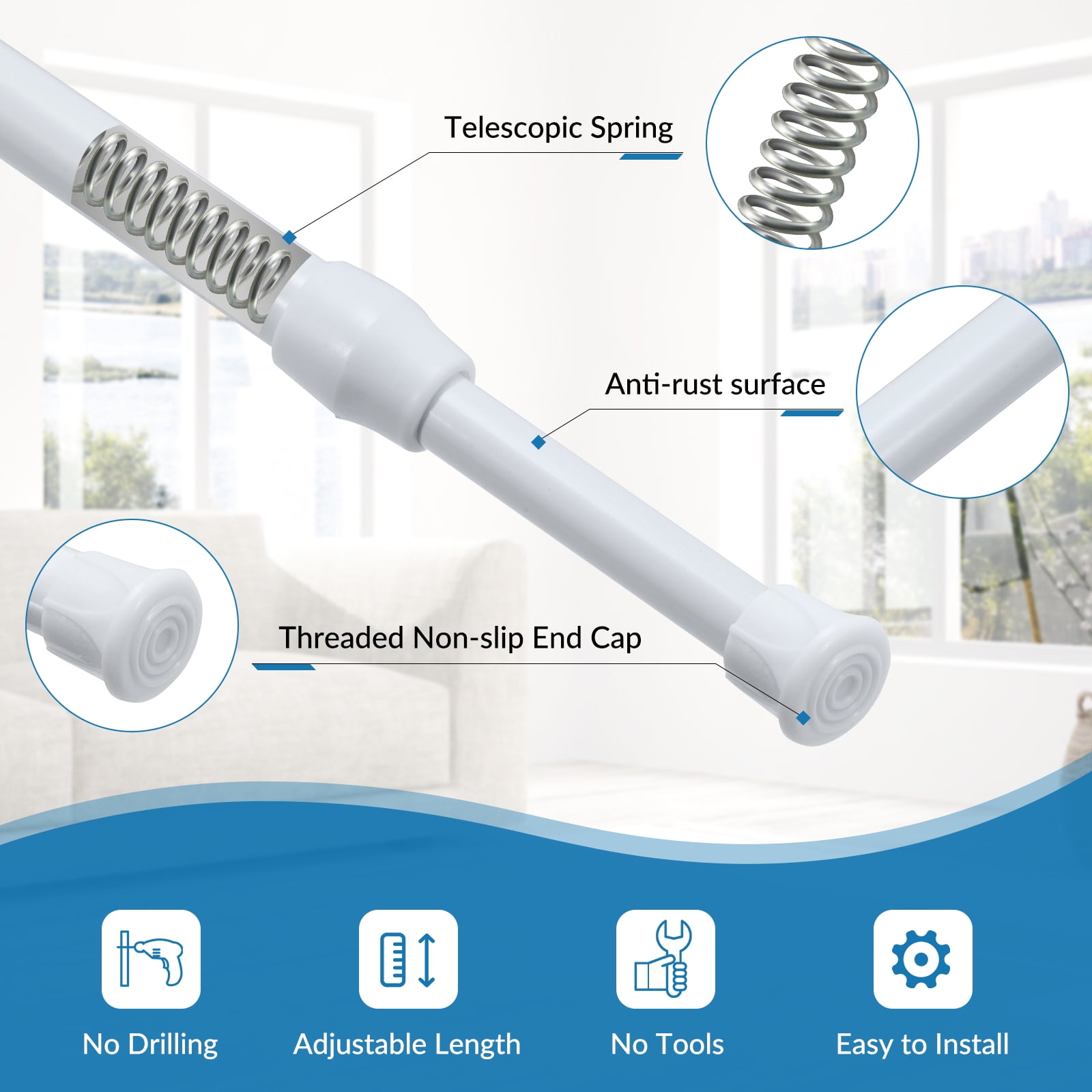 BEAMNOVA 6Pcs Tension Curtain Rod for Windows Cabinet Wardrobe Closet 15.7"-28" Adjustable, 1/2" Diameter, White