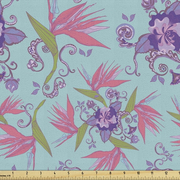 Floral Upholstery Fabric by the Yard, Retro Art Style Designed Exotic Tropical Paradise Flowers Illustration, Decorative Fabric for DIY and Home Accents, Seafoam and Multicolor by Ambesonne