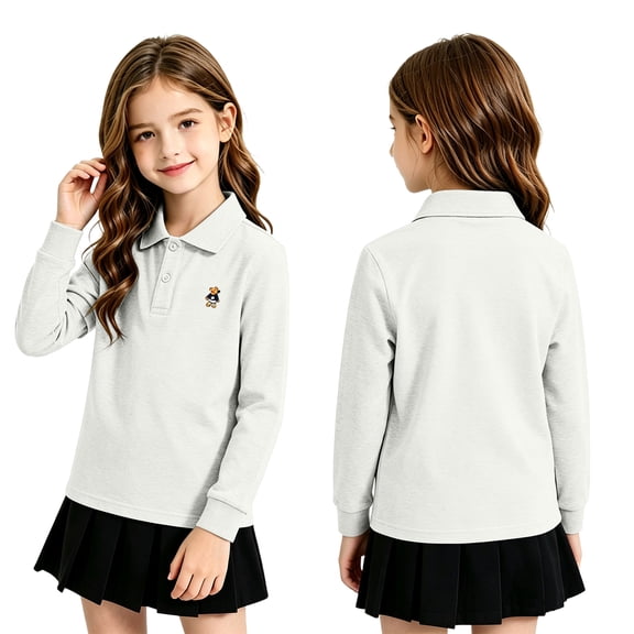 Polo Shirts for Kids School Uniform Relaxed Fit Back To School Long Sleeve Collared T-Shirts Solid Color Pullover for Boys & Girls White 2-3 Years