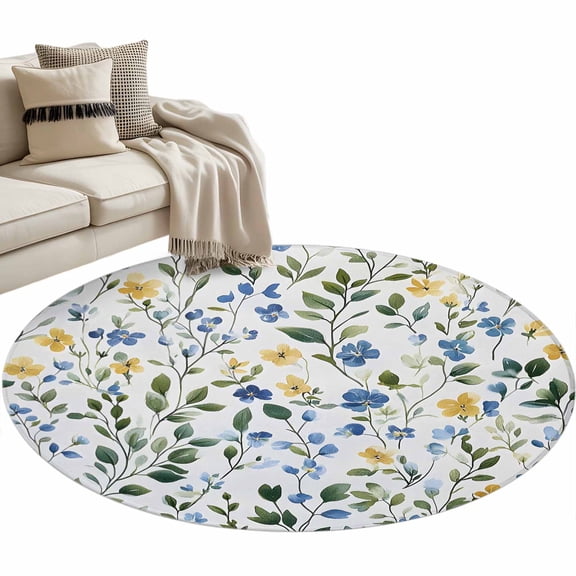 Blue Yellow Floral Spring Round Area Rug 4 FT, Non Slip Indoor Outdoor Rug, Summer Pastoral Botanical Green Washable Soft Circular Carpet Floor Mat for Coffee Table Nursery Foyer Balcony