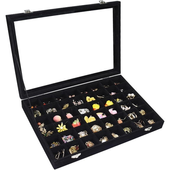 Velvet Jewelry Tray 48 Compartments Organizer with Transparent Cover, Ring Earring Necklace Storage Box for Women, Adjustable Display Case Black
